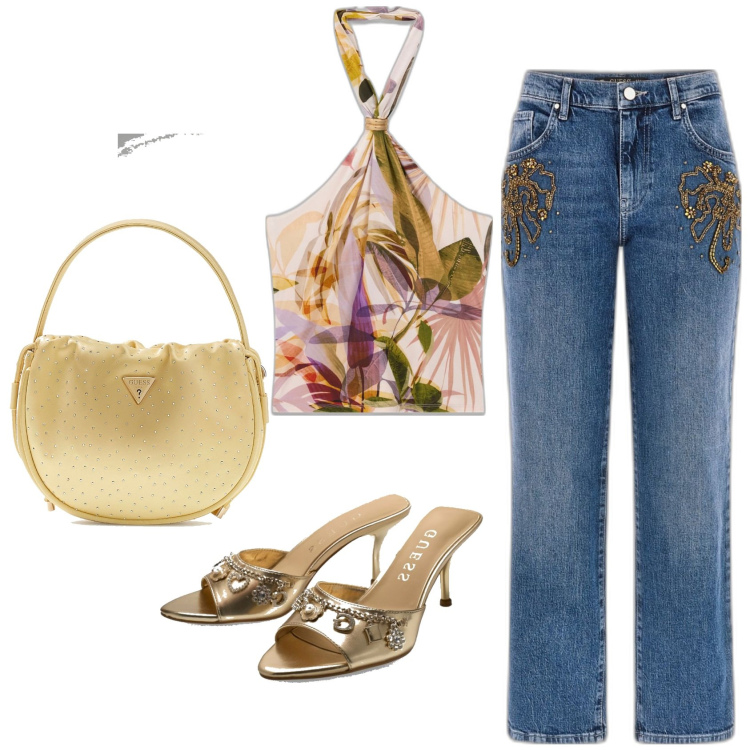 Outfit mujer - Casual chic. Estilo Casual chic para Todos los días. Combinación con bolsos de mano, sandalias de piel, top, vaqueros rectos.