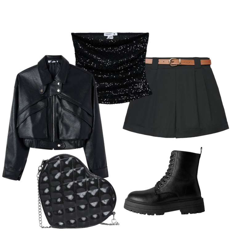 Outfit donna - Total black. Stile Glamour per Serata fuori. Abbinamento con borse a tracolla, anfibi, shorts, top, bomber.