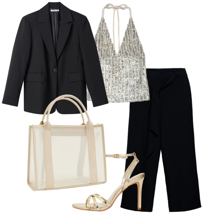 Outfit donna - Terranova - Infinite Summer. Stile Chic per Serata fuori. Abbinamento con borse tote, pantaloni a palazzo, sandali col tacco, blazer, top.