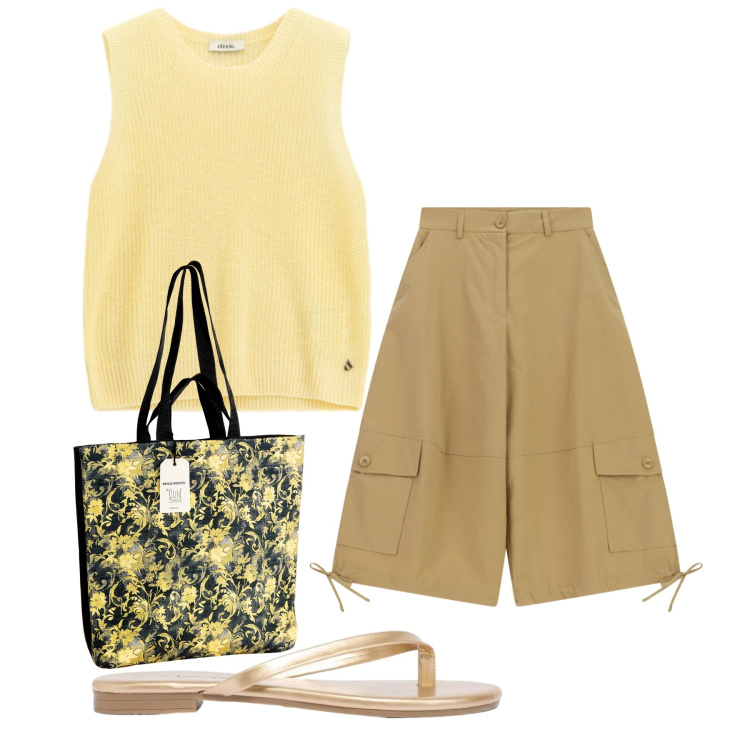Outfit donna - Ocra. Stile Casual per Tutti i giorni. Abbinamento con sandali, pantaloni a palazzo, maglieria, borse tote.