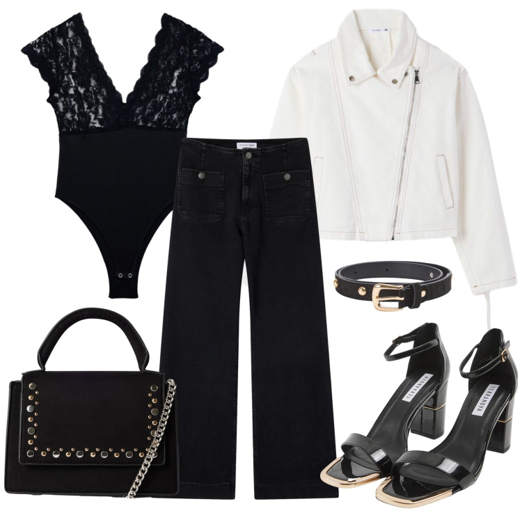 Outfit donna - Denim black and white. Stile Casual chic per Tutti i giorni. Abbinamento con top, jeans, sabot, borse a tracolla, cinture, cappotti.