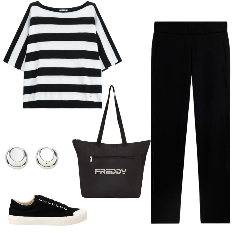 Outfit donna - Stile marinaro sempre attuale. Stile Basic per Tutti i giorni. Abbinamento con orecchini, top, sneakers, pantaloni, shopping bag.