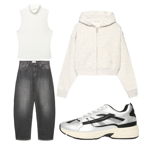 Outfit donna - Jeans grigi infinite summer. Stile Casual per Tutti i giorni. Abbinamento con sneakers, jeans, felpe con cappuccio, top.