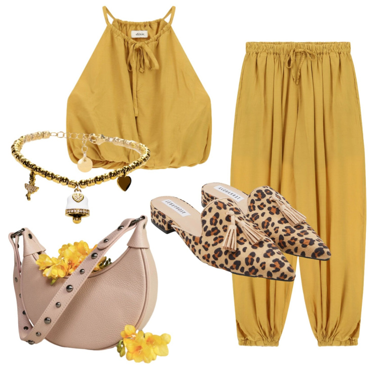Outfit donna - Total look #2455903. Stile Boho per Serata fuori. Abbinamento con borse a spalla, top, pantaloni a palazzo, sabot, braccialetti.