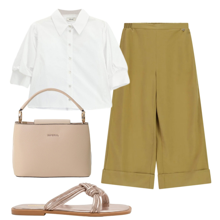 Outfit donna - Total look #2455907. Stile Bon Ton per Ufficio. Abbinamento con borse a secchiello, pantaloni a palazzo, camicie, sandali.