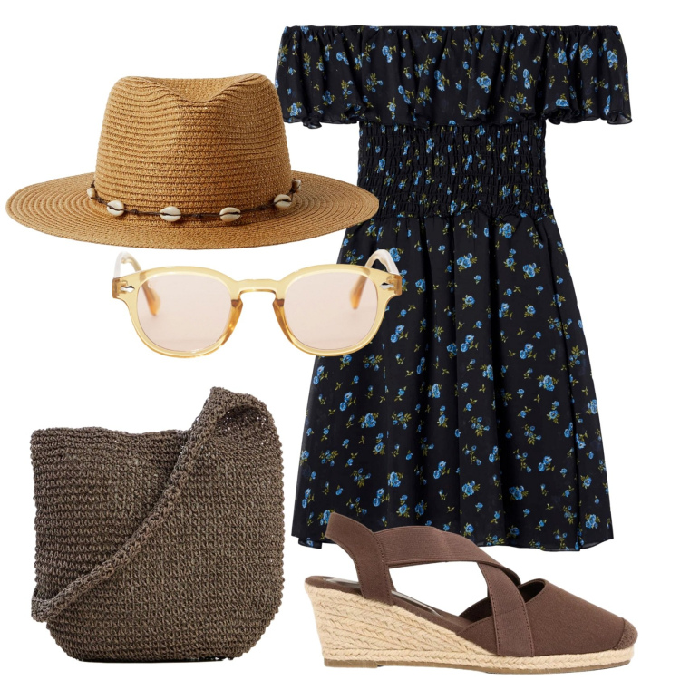 Outfit donna - Total look #2455909. Stile Romantica per Mare. Abbinamento con zeppe, shopping bag, vestiti corti, cappelli, occhiali da sole.