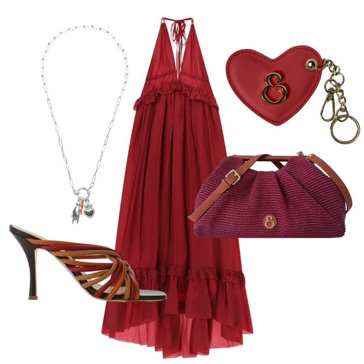 Outfit donna - Total look #2455910. Stile Boho per Serata fuori. Abbinamento con sandali col tacco, vestiti lunghi, ciondoli, clutch, portachiavi.
