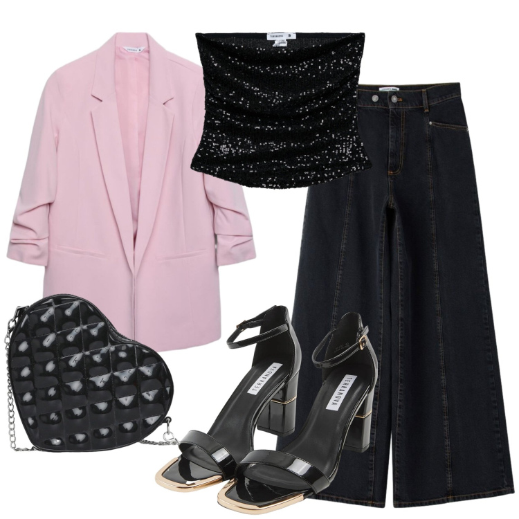 Outfit donna - Total look #2455911. Stile Trendy per Serata fuori. Abbinamento con blazer, top, sabot, borse a tracolla, jeans.