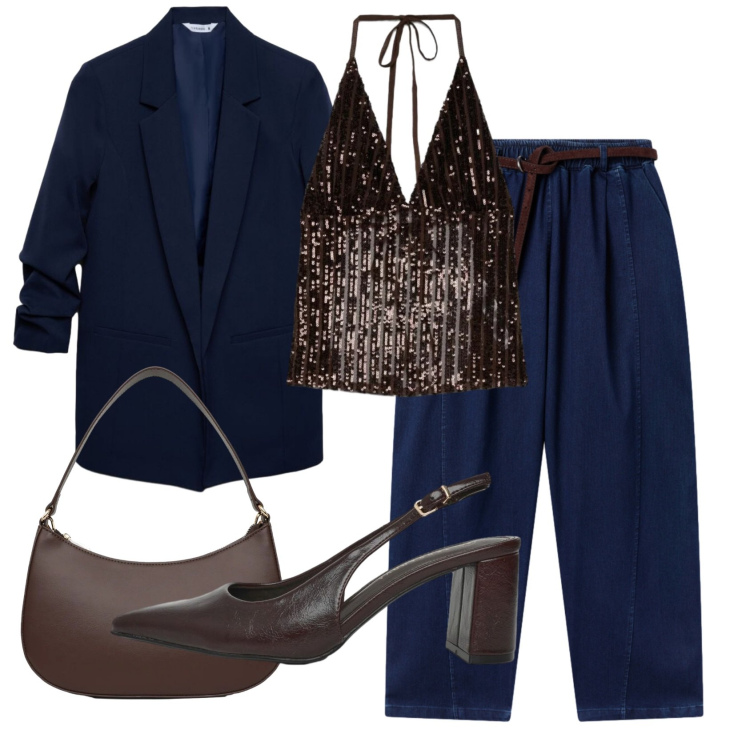 Outfit donna - Total look #2455912. Stile Trendy per Serata fuori. Abbinamento con blazer, jeans dritti, top, décolleté, borse a tracolla.