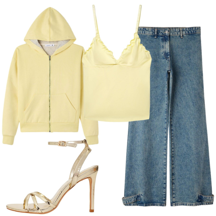 Outfit donna - Total look #2455913. Stile Urban per Serata fuori. Abbinamento con canottiere, felpe con cappuccio, sandali col tacco, jeans.