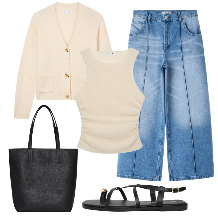 Outfit donna - Total look #2455915. Stile Casual per Scuola/Università. Abbinamento con jeans, top, cardigans, sandali, borse tote.