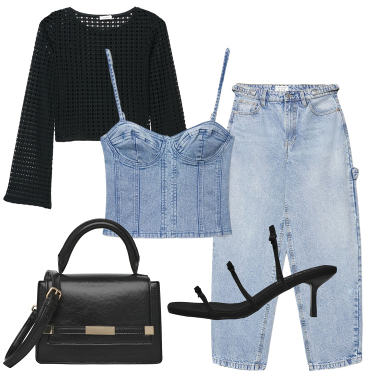 Outfit donna - Total look #2455917. Stile Trendy per Serata fuori. Abbinamento con jeans, top, maglieria, sandali col tacco, borse a spalla.