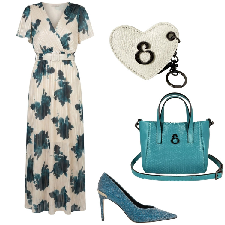 Outfit donna - Cena di lavoro. Stile Bon Ton per Ufficio. Abbinamento con décolleté, portachiavi, borse a mano, vestiti lunghi.