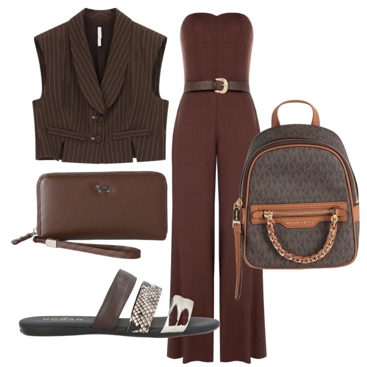 Outfit donna - Total look #2455919. Stile Chic per Serata fuori. Abbinamento con zaini, sandali in pelle, portafogli, gilet, tute.