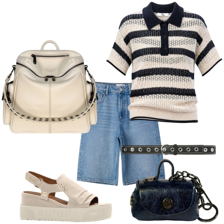 Outfit donna - Pomeriggio d\'agosto. Stile Casual per Tutti i giorni. Abbinamento con sandali, bermuda, cinture, polo, zaini, portachiavi.