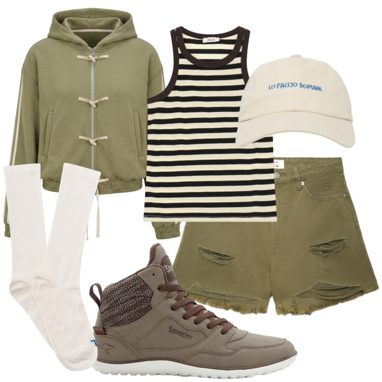 Outfit donna - Total look #2455930. Stile Casual per Sport. Abbinamento con sneakers alte, canottiere, felpe con cappuccio, shorts, cappelli con visiera, calzini.