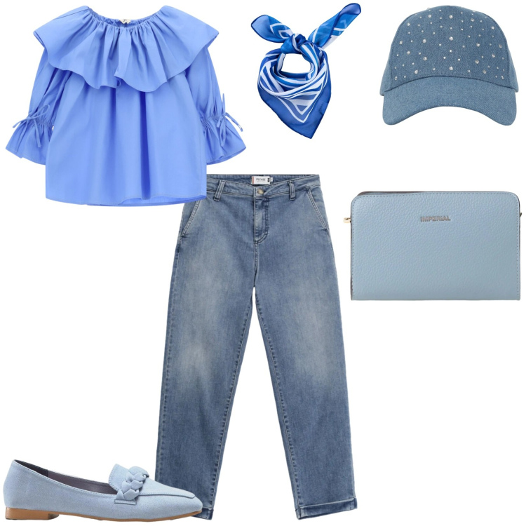 Outfit donna - Sfumature del blu. Stile Casual per Scuola/Università. Abbinamento con mocassini, foulard, borse a tracolla, bluse, cappelli, jeans.