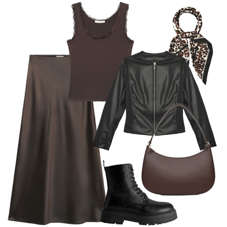 Outfit donna - Layering urbano. Stile Urban per Tutti i giorni. Abbinamento con gonne lunghe, giacche, canottiere, borse a tracolla, anfibi, foulard.