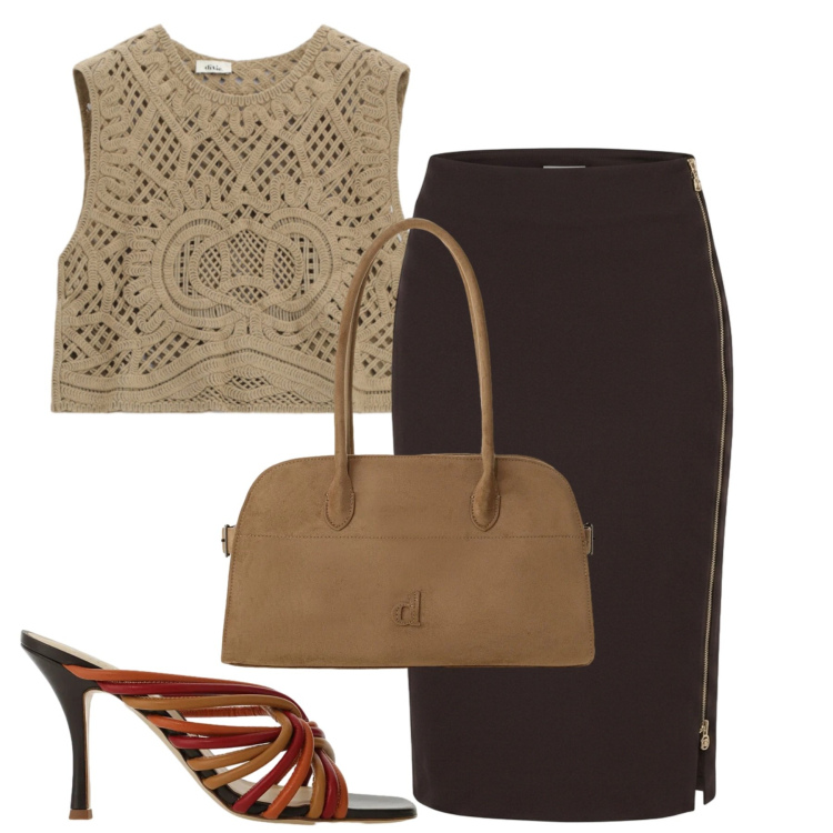 Outfit donna - Cena vista mare. Stile Glamour per Serata fuori. Abbinamento con sandali col tacco, borse a spalla, top, gonne longuette.