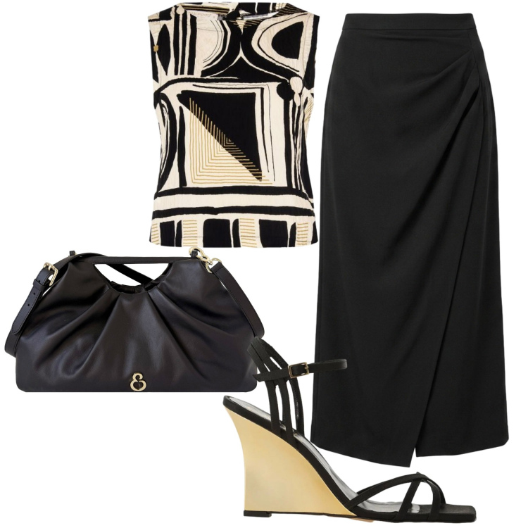 Outfit donna - Vista mare. Stile Chic per Serata fuori. Abbinamento con sandali col tacco, top, clutch, gonne lunghe.