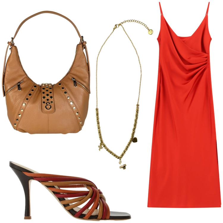 Outfit donna - Sere di fine estate. Stile Trendy per Serata fuori. Abbinamento con vestiti lunghi, sandali col tacco, ciondoli, borse a spalla.