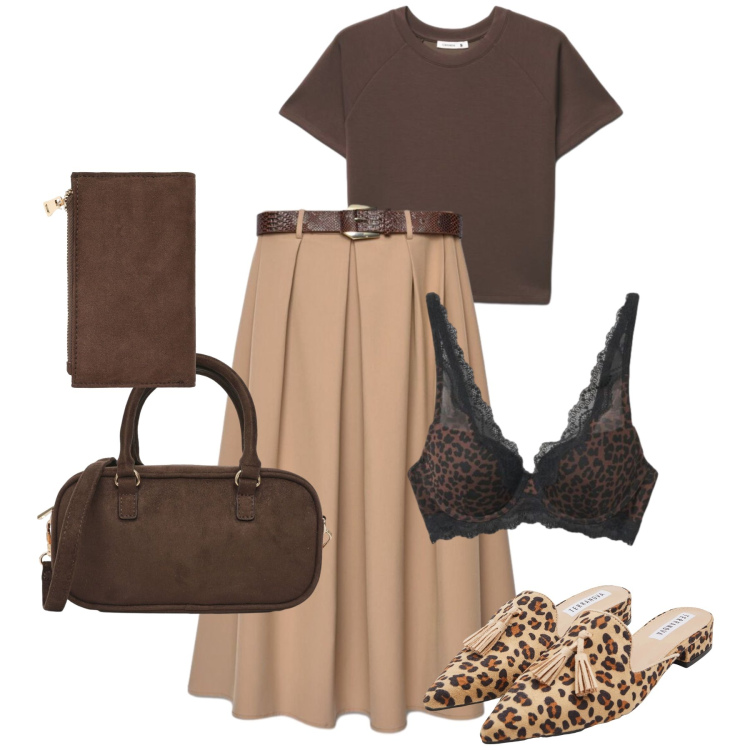 Outfit donna - Total look H24 Terranova. Stile Casual chic per Tutti i giorni. Abbinamento con gonne lunghe, sabot, borse a tracolla, t-shirt, reggiseni, portafogli.
