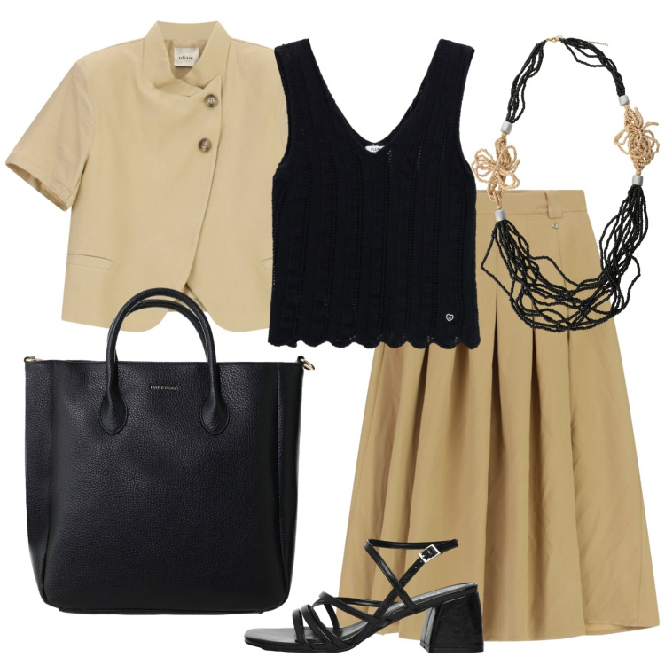 Outfit donna - Manager in agosto. Stile Chic per Ufficio. Abbinamento con borse a tracolla, collane, gonne longuette, blazer, sandali col tacco, top.