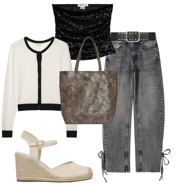 Outfit donna - Fine estate. Stile Casual per Tutti i giorni. Abbinamento con shopping bag, zeppe, top, cinture, jeans, cardigans.