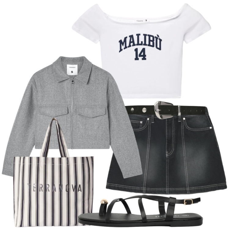 Outfit donna - Casual fine agosto. Stile Casual per Tutti i giorni. Abbinamento con blazer, minigonne, sandali, t-shirt, shopping bag, cinture.