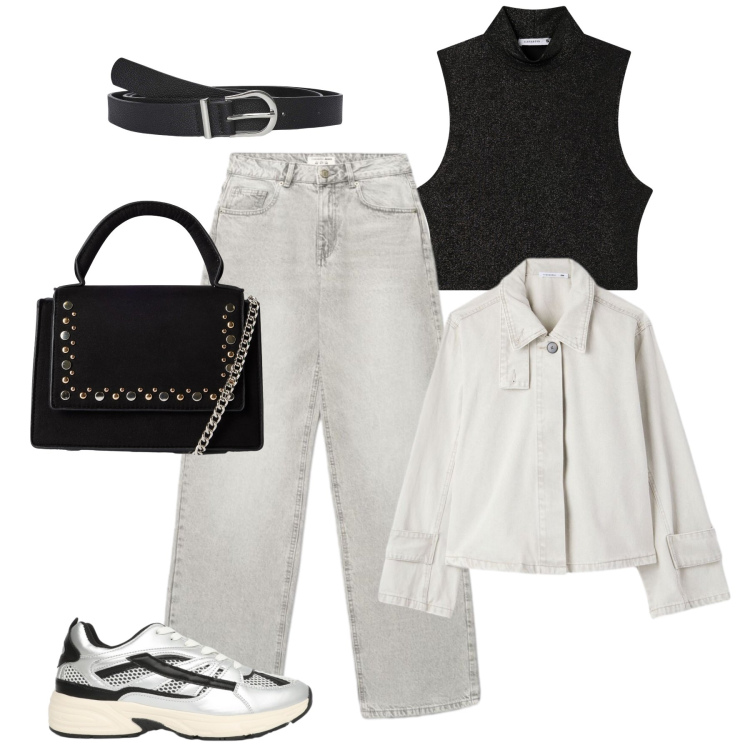Outfit donna - New denim grigio perla. Stile Sporty chic per Tutti i giorni. Abbinamento con top, cinture, borse a tracolla, sneakers, cappotti, jeans.