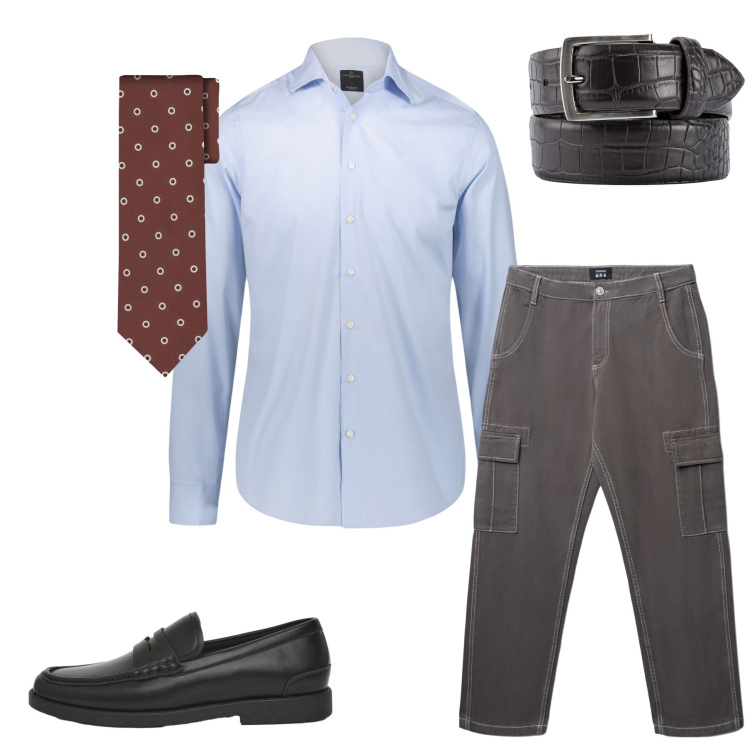 Outfit uomo - Total look #2455979. Stile Urban per Tutti i giorni. Abbinamento con pantaloni cargo, scarpe stringate, camicie, cinture, cravatte.