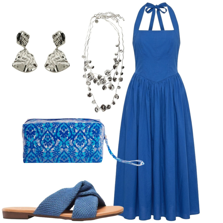 Outfit donna - Fine estate. Stile Casual per Tutti i giorni. Abbinamento con ciabatte, vestiti lunghi, valigie, orecchini, collane.