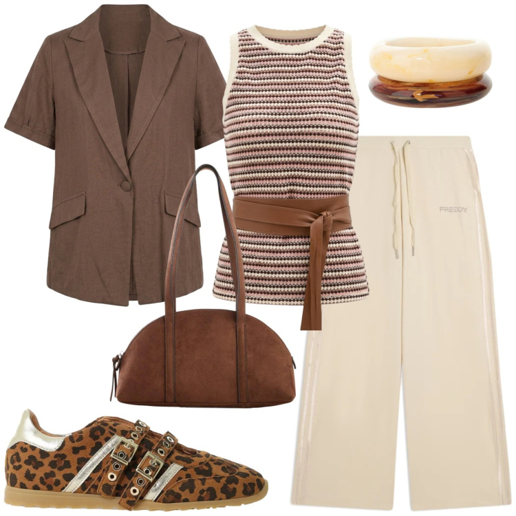 Outfit donna - Fine estate. Stile Casual per Tutti i giorni. Abbinamento con borse a tracolla, braccialetti, sneakers, canottiere, pantaloni, blazer.