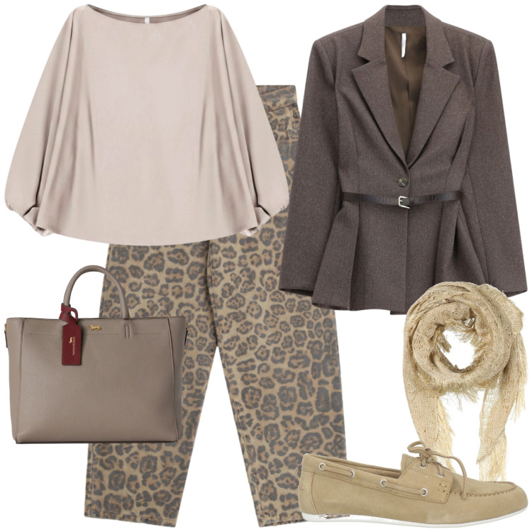 Outfit donna - Verso l\'autunno. Stile Casual per Tutti i giorni. Abbinamento con mocassini, stole, borse a mano, blazer, top, pantaloni a palazzo.