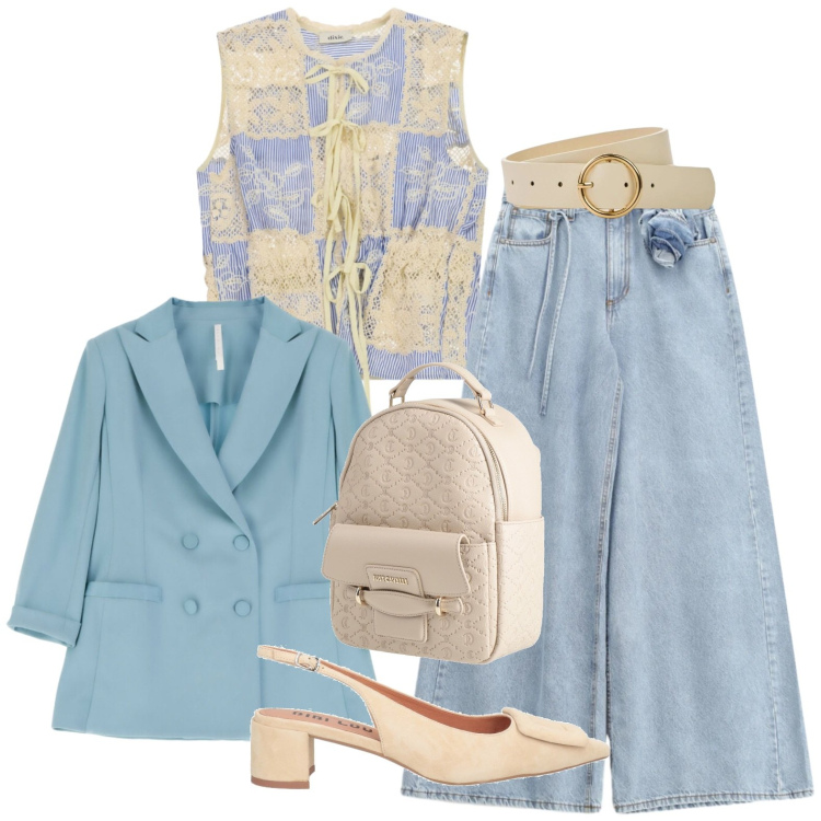 Outfit donna - Denim e...... Stile Casual chic per Tutti i giorni. Abbinamento con zaini, décolleté, cinture, blazer, jeans, top.