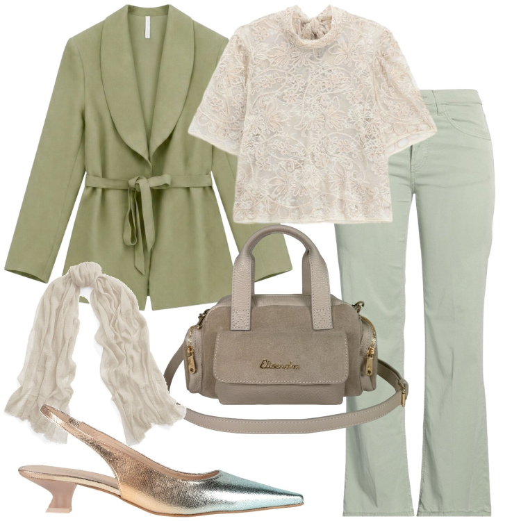 Outfit donna - Casual. Stile Casual per Tutti i giorni. Abbinamento con pantaloni, décolleté, sciarpe, top, blazer, borse a mano.