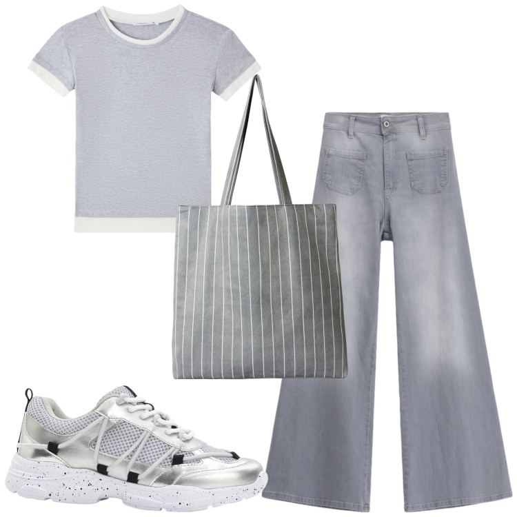 Outfit donna - Total look #2456000. Stile Casual per Scuola/Università. Abbinamento con sneakers, shopping bag, t-shirt, jeans.