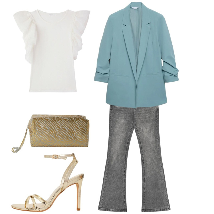 Outfit donna - Serata di fine estate. Stile Casual chic per Tutti i giorni. Abbinamento con t-shirt, valigie, blazer, sandali col tacco, jeans bootcut.
