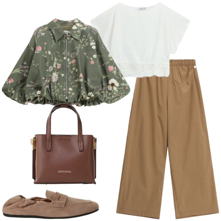 Outfit donna - Total look #2456002. Stile Casual chic per Tutti i giorni. Abbinamento con bomber, bluse, borse a tracolla, pantaloni, mocassini.