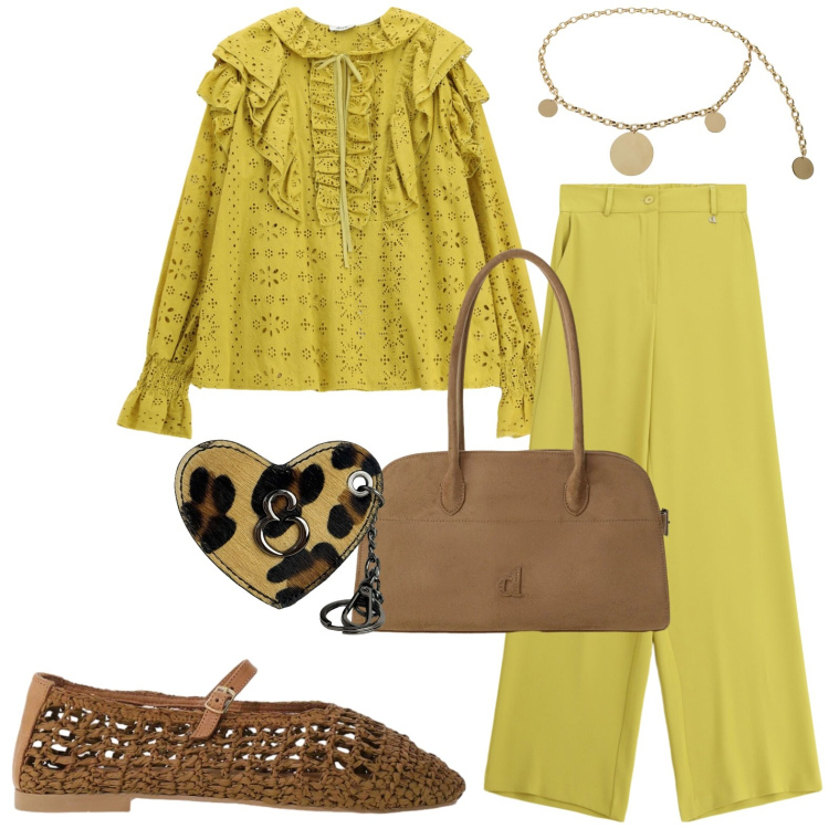 Outfit donna - Total look #2456003. Stile Casual per Tutti i giorni. Abbinamento con pantaloni a palazzo, borse a spalla, cinture, bluse, ballerine, portachiavi.