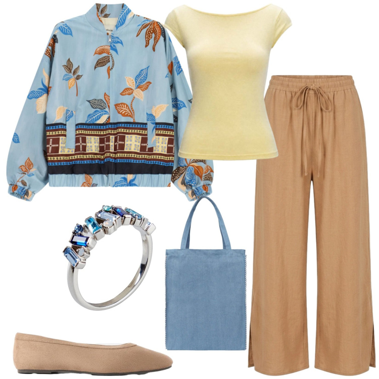 Outfit donna - Total look #2456004. Stile Casual chic per Tutti i giorni. Abbinamento con ballerine, anelli, borse tote, top, bomber, pantaloni.