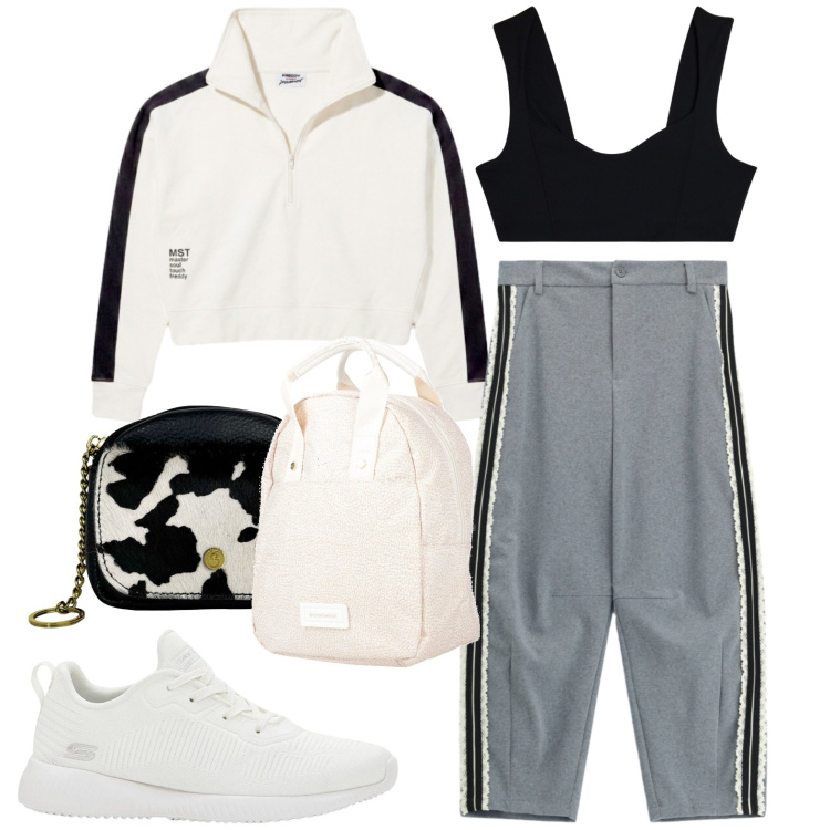 Outfit donna - Sporty. Stile Casual per Tutti i giorni. Abbinamento con zaini, sneakers, pantaloni, top sportivi, felpe, portachiavi.
