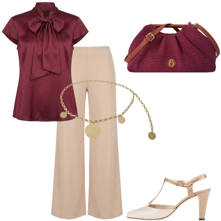 Outfit donna - Al lavoro. Stile Casual chic per Ufficio. Abbinamento con décolleté, cinture, clutch, camicie, pantaloni a palazzo.