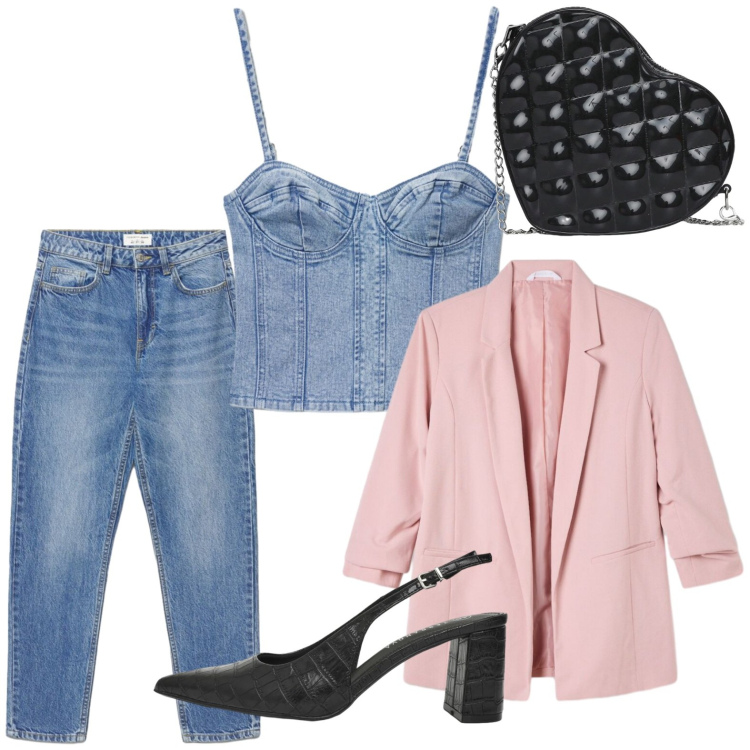 Outfit donna - Terranova - Infinite Summer. Stile Glamour per Tutti i giorni. Abbinamento con blazer, top, borse a tracolla, décolleté, jeans mom.