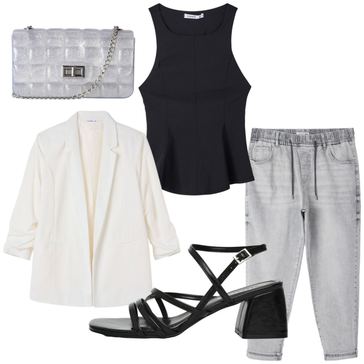 Outfit donna - Terranova - Infinite Summer. Stile Casual per Serata fuori. Abbinamento con borse a tracolla, top, jeans, sandali col tacco, blazer.