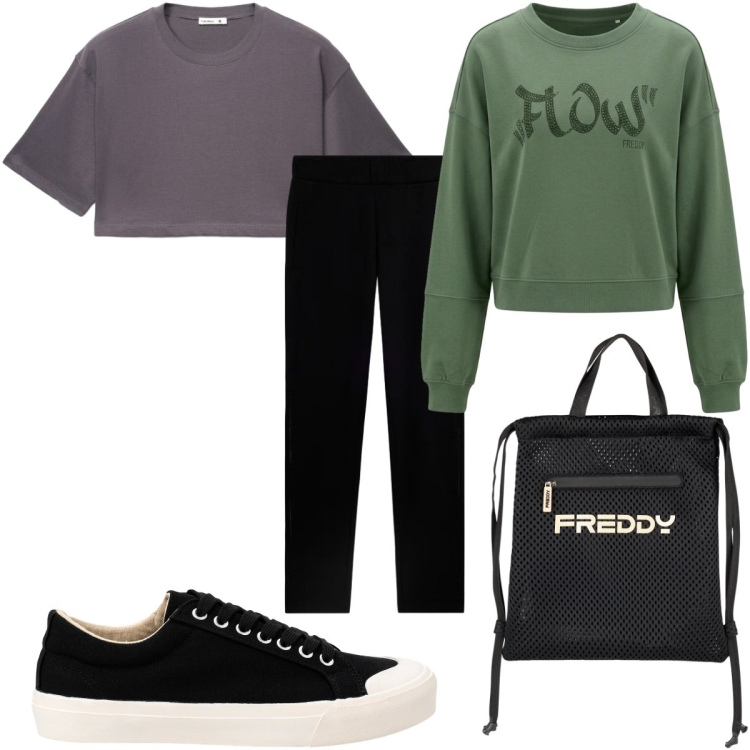 Outfit donna - Total look #2456023. Stile Trendy per Sport. Abbinamento con sneakers, t-shirt, felpe, zaini, pantaloni.