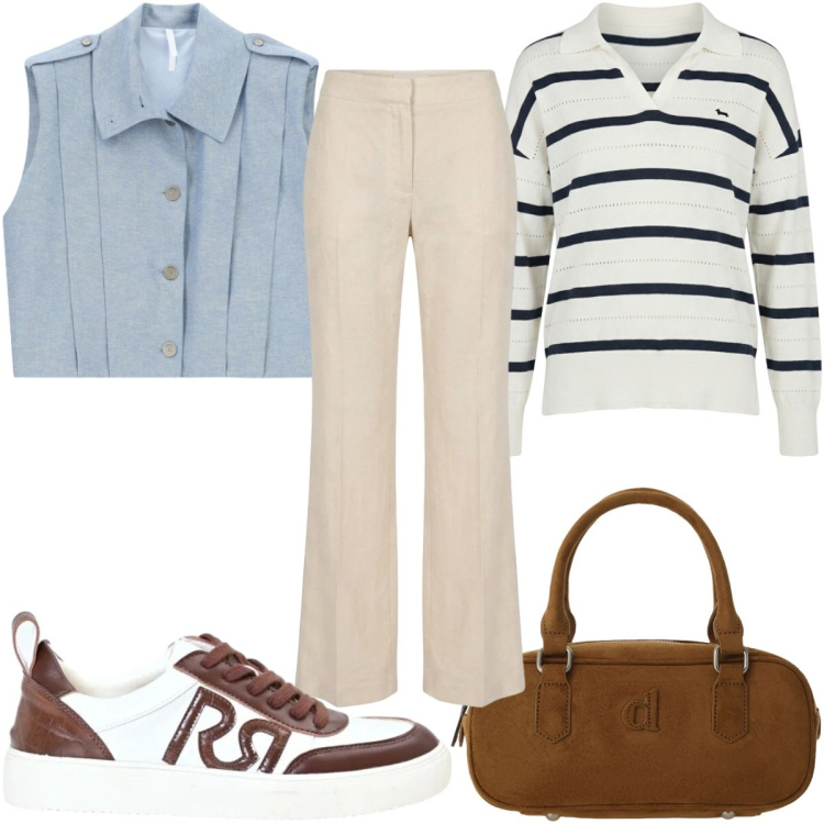 Outfit donna - Total look #2456024. Stile Trendy per Tutti i giorni. Abbinamento con maglieria, gilet, borse a mano, sneakers, pantaloni.