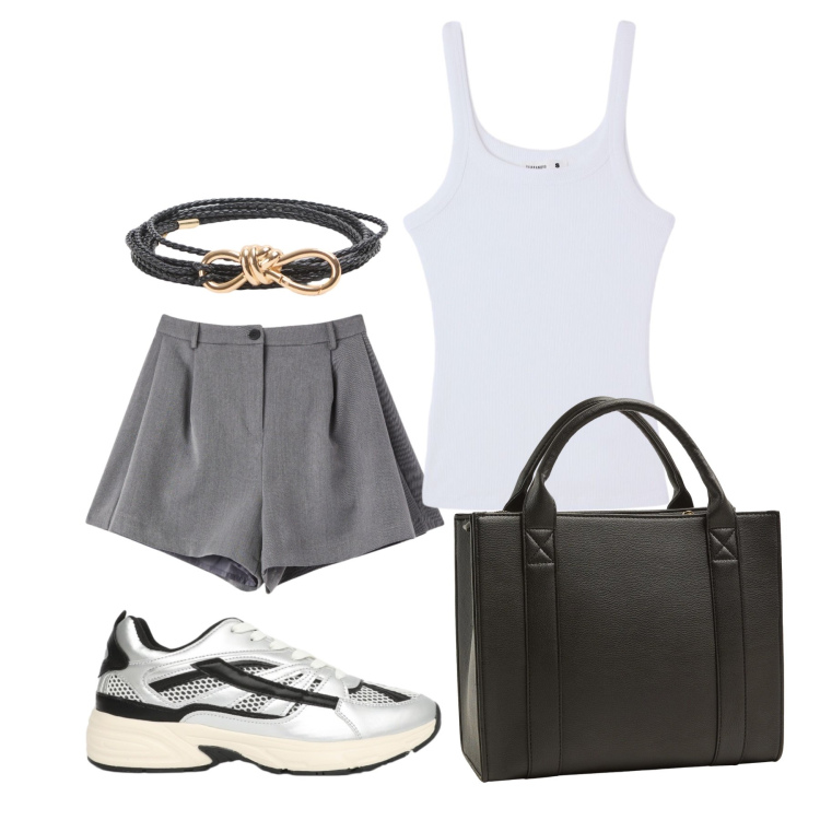 Outfit donna - Agosto. Stile Trendy per Tutti i giorni. Abbinamento con shorts, sneakers, cinture, canottiere, borse tote.