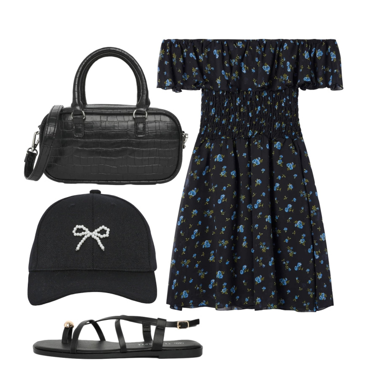 Outfit donna - Agosto. Stile Trendy per Tutti i giorni. Abbinamento con sandali, cappelli con visiera, vestiti corti, borse a tracolla.
