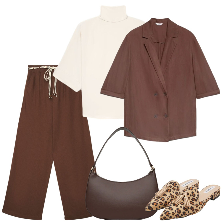 Outfit donna - Perfetta. Stile Casual chic per Ufficio. Abbinamento con pantaloni, blazer, sabot, bluse, borse a tracolla.